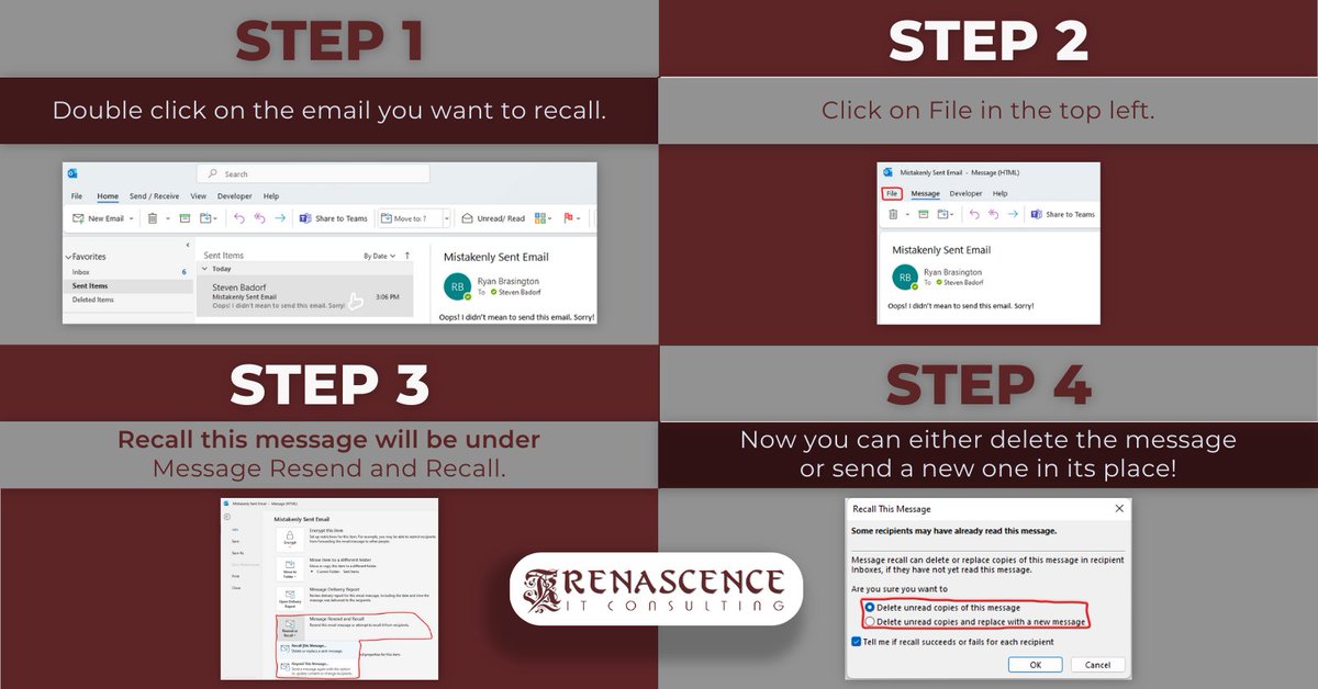 RenITConsulting's tweet image. Learn to Recall Messages in Microsoft Outlook! #OutlookTips #BayAreaTech #MessageRecall #microsoft #office365