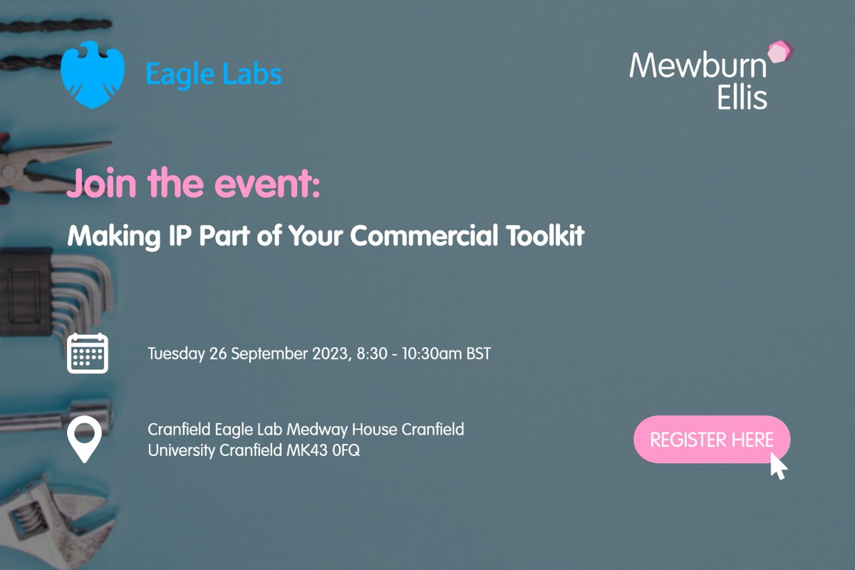 Join us at the Cranfield Eagle Lab on 26 September, to hear Eleanor Maciver and Charles Renney Patent Attorneys at Mewburn Ellis give a crash course on all things IP.

hubs.la/Q01ZKZny0

#MewburnGreen #Polymer #GreenTech #CircularEconomy #GreenBusiness #Sustainability #IP