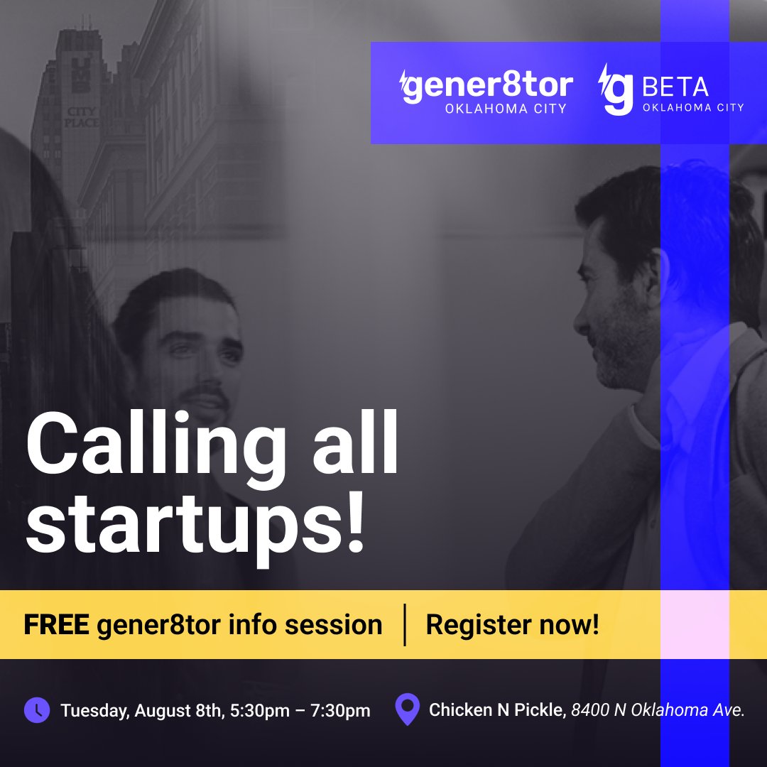Calling all startups! Join the <a href="/gener8tor/">gener8tor</a> info session and learn to be a part of the OKC investment and gBETA accelerators! These programs euqip startups with necessary tools to seek investment while receiving coaching and mentorship. Sign up: forms.gle/vJrgbQgVv1CiEF…