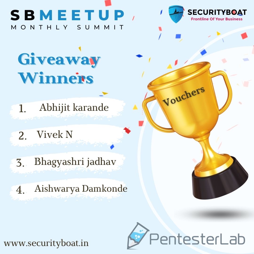 Securityb0at's tweet photo. Congratulations to the winners of our MCQ-based giveaway! 🎉🔐 
Abhijth  Karande, @nv_1337 , Bhagyashri Jadhav, and Aishwaraya Damkonde, you've  won a one-month subscription to Pentester Lab! 🚀💻 Enjoy enhancing your  cybersecurity skills. Stay tuned for more exciting opportunities! 🔒🌟 
#GiveawayWinners #SBMeetup #Cybersecurity #PentesterLab