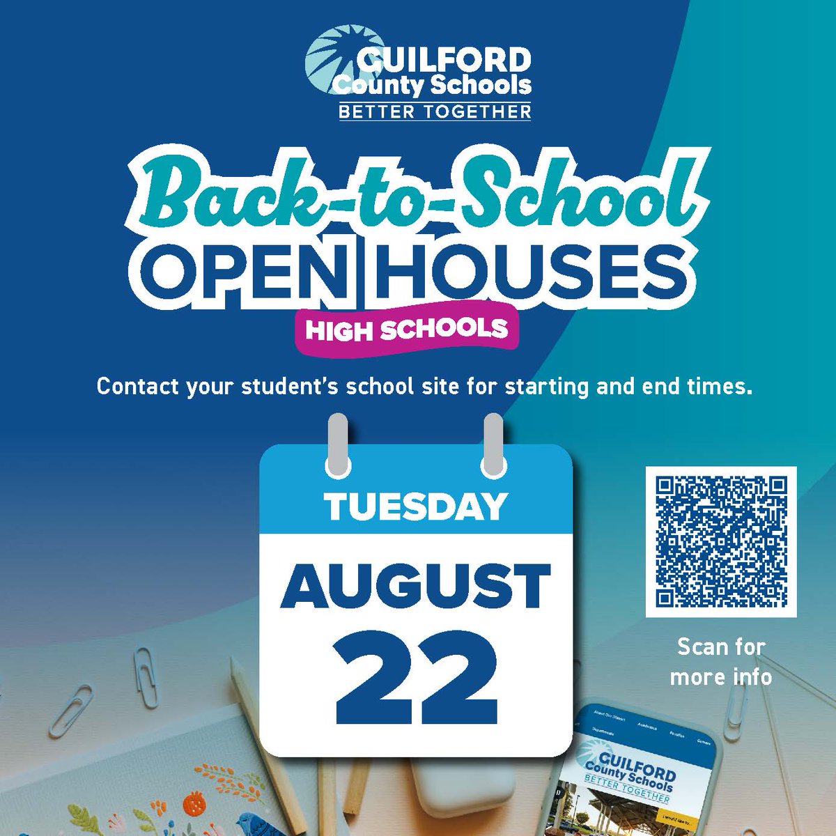 GCSchoolsNC's tweet image. #BackToGCS | As we gear up for another great year in Guilford County Schools, mark your calendars for Open Houses taking place! Here you can learn important information and get to know teachers and administration.

Check out the 🔗 in our bio for more info on getting #BackToGCS!