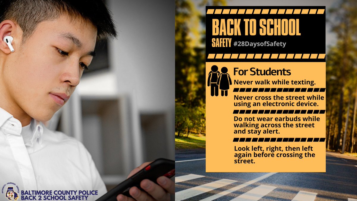 BaltCoPolice's tweet photo. 👀Look. 👂🏼Listen. Traffic safety 🚦requires using all your senses. During its #28DaysofSafety, #BCoPD reminds students always to unplug when crossing 🚶🏼a street. #safety #pedestrian #backtoschool #BCoPD https://t.co/3rA8oMGl6y