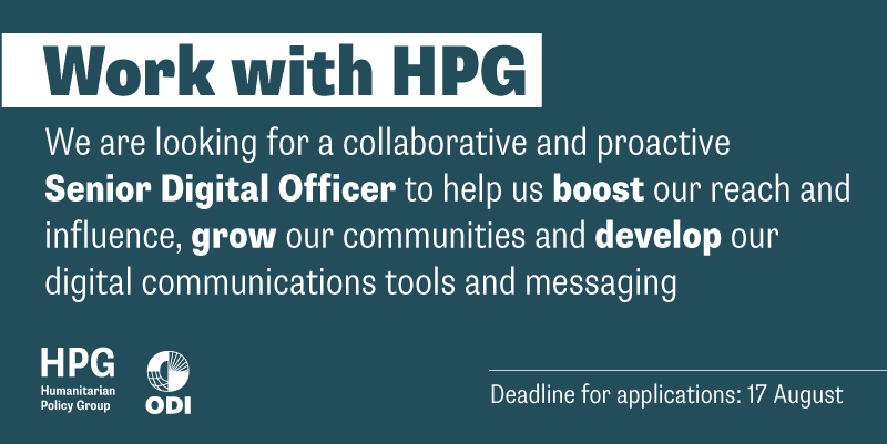 🚨 We're hiring! 🚨

We are looking for a creative, energetic Senior Digital Officer who can further connect the work of the Humanitarian Policy Group and <a href="/hpn_hpg/">HPN</a> through our social media and digital platforms. 

Apply here: buff.ly/43Y6uDw