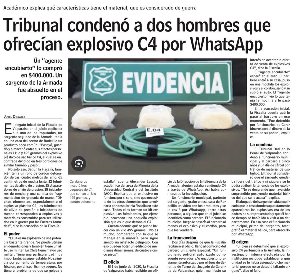BotCheckerCL's tweet photo. Alcanzaba para demoler un edificio de 5 pisos:
-Inteligencia detecta venta de explosivo C4
-el C4 "apareció" en casa de los padres de un sargento de @Armada_Chile.
-La Armada confirmó que C4 fue extraído de sus almacenes

El único absuelto por @FiscaliadeChile, fue el marino. https://t.co/DIcwFfVB87