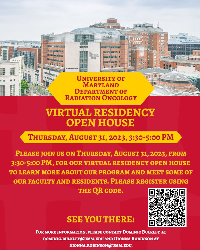 Wondering what it’s like to be a #radonc #resident at @UMMC? Join us virtually Thurs. 8/31 3:30-5:30 PM ET for our residency open house to learn about our program, meet some faculty & residents and ask questions. Register: umm.webex.com/weblink/regist… @ZakieRana @S_W_R_O @UMmedschool