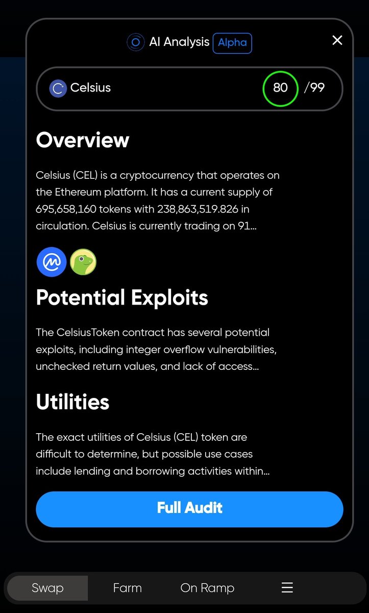 khotige's tweet photo. $Celsius $cel ... you got to work on few issues.
#ARCaudit gives you the power to prevent rug pools, scams, hacks.
Before you invest, use $ARC @DeFi_ARC to fully audit the token!
It's your money, don't risk it!
#audit #cryptorug @cz_binance @brian_armstrong @kucoincom https://t.co/AKHEFP2XkB
