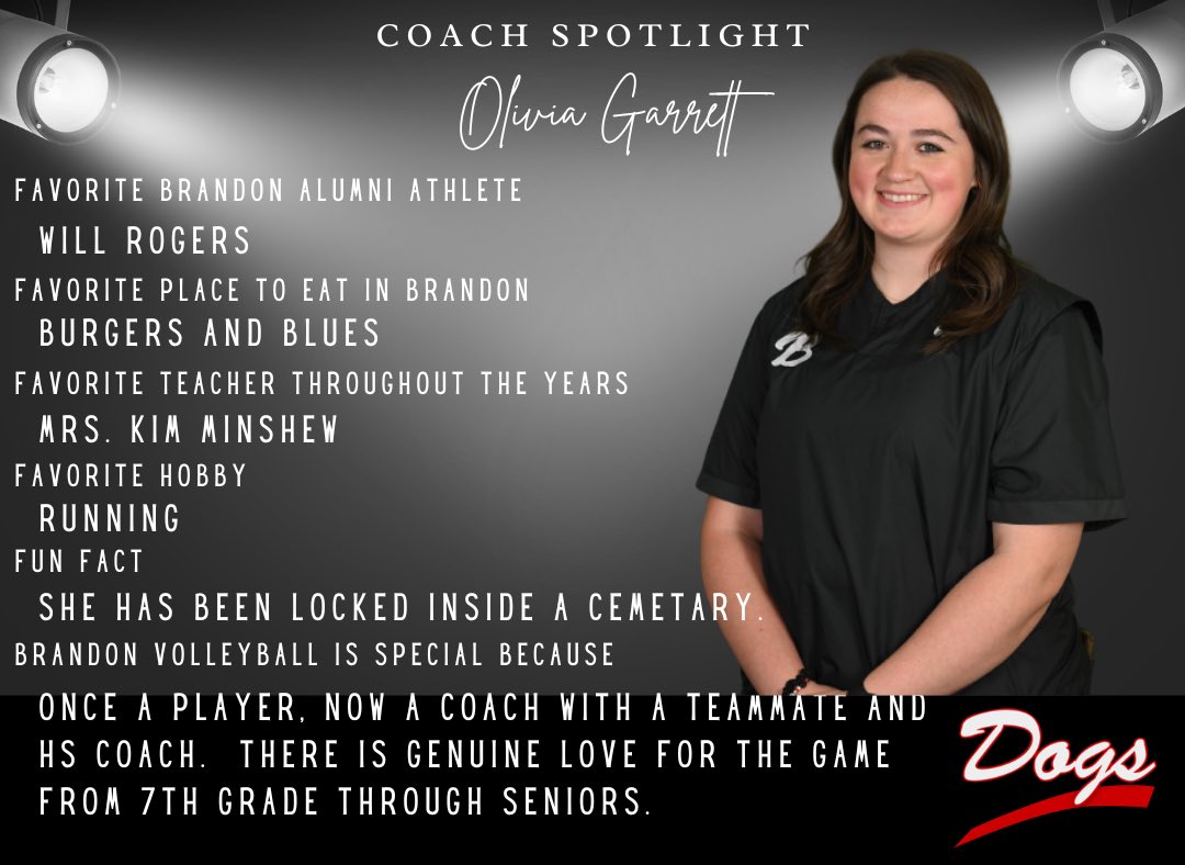 Meet the Coaches!  
Coach Olivia Garrett
Middle School Head Coach
Varsity Assistant Coach <a href="/BrandonBulldogs/">Brandon Bulldog Athletics</a> <a href="/BMSDogsClubs/">BMS Bulldogs Clubs</a>