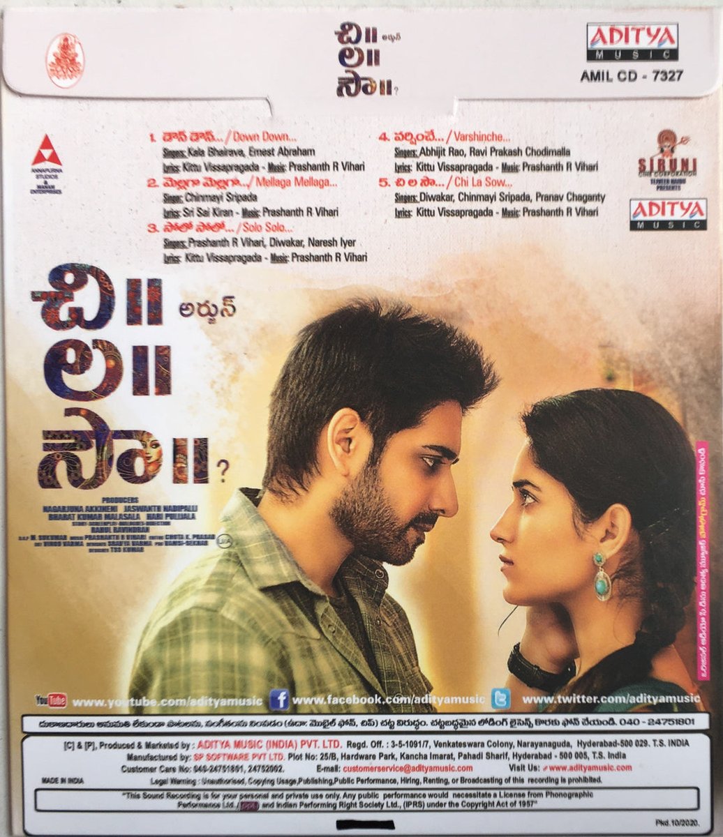 MovzMusicals999's tweet photo. #5YearsForChiLaSow

Cool and Pleasent Entertainer.
This film won the National award for best original Screenplay.

#Chilasow Audiocd Cover  @adityamusic

#PrasanthRVihari musical

@iamSushanthA @iRuhaniSharma @23_rahulr @AnnapurnaStdios https://t.co/omw8B8CvtI