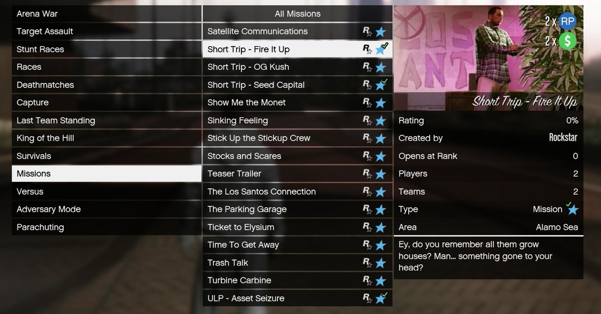TexFunz2's tweet photo. [August 3 - 10]

Short Trips can now be launched from the Pause Menu - Jobs.

3x GTA$ &amp; RP
- Lamar Contact Missions
- Ron Contact Missions
- Taxi Work

2x GTA$ &amp; RP
- Sumo (Remix) Adversary Mode
- Short Trips
#GTAOnline https://t.co/VdV2y5F3Js