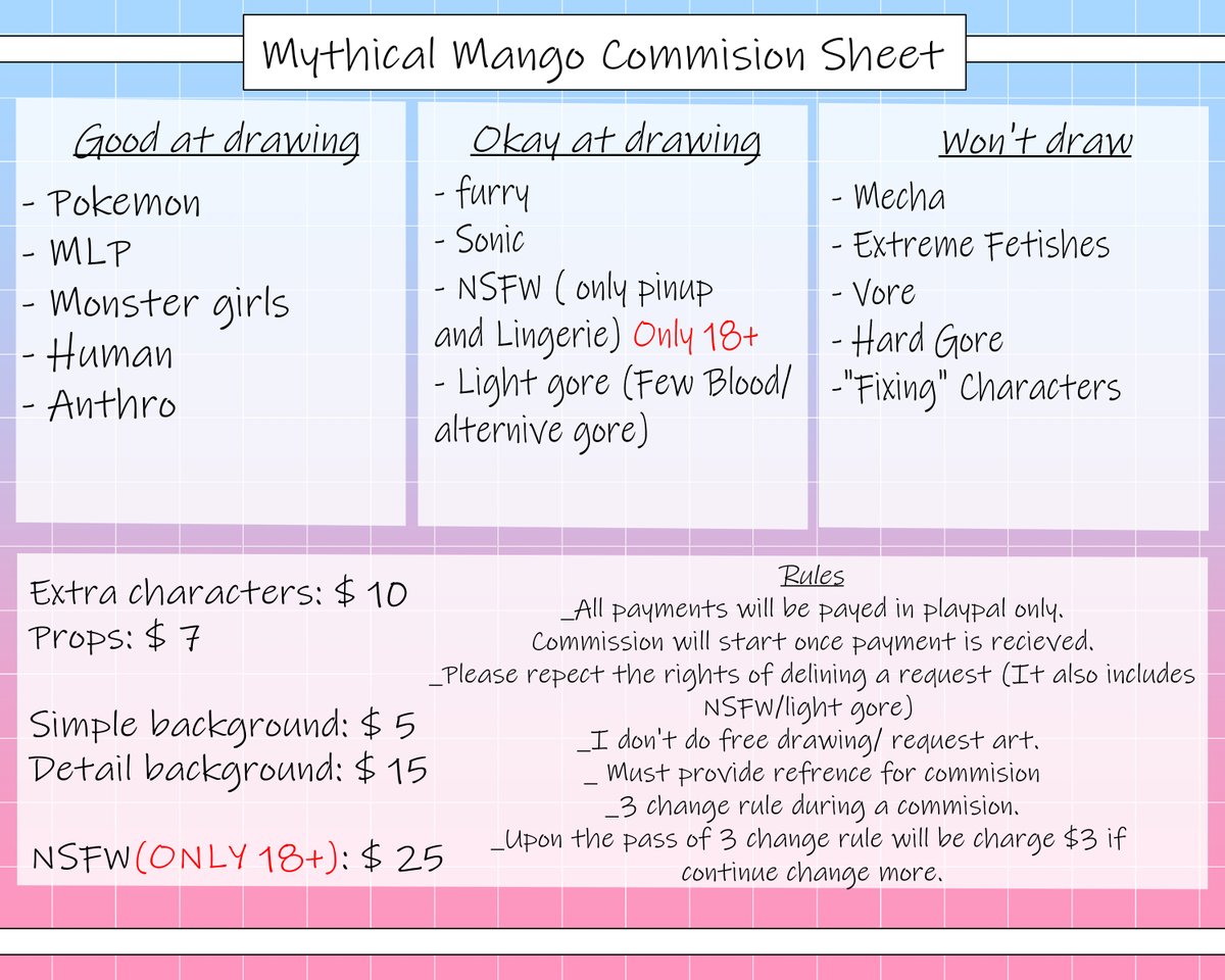 Fluttercord45's tweet image. New update commission sheet.
Please Dm me if any questions or interested.
Please retweet, it be very helpful.