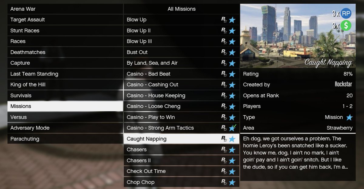 TexFunz2's tweet photo. [August 3 - 10]

Short Trips can now be launched from the Pause Menu - Jobs.

3x GTA$ &amp; RP
- Lamar Contact Missions
- Ron Contact Missions
- Taxi Work

2x GTA$ &amp; RP
- Sumo (Remix) Adversary Mode
- Short Trips
#GTAOnline https://t.co/VdV2y5F3Js