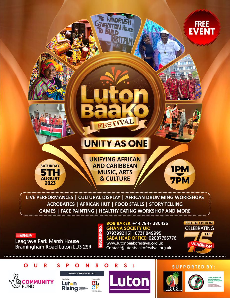 Luton Council (@lutoncouncil) on Twitter photo Not long until Luton Baako Festival - come along for a free celebration of the unity of African and Caribbean music, arts and culture!
📅 Saturday 5 August
🕐 1pm to 7pm
📍Leagrave Park, Marsh House
Sponsored by <a href="/LutonRising/">Luton Rising</a> Not long until Luton Baako Festival - come along for a free celebration of the unity of African and Caribbean music, arts and culture!
📅 Saturday 5 August
🕐 1pm to 7pm
📍Leagrave Park, Marsh House
Sponsored by <a href="/LutonRising/">Luton Rising</a>