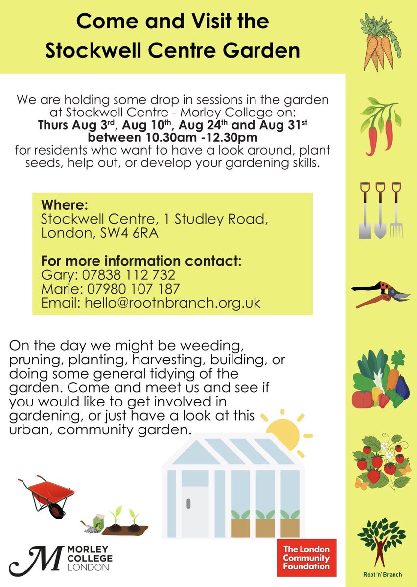 🌻🌿 POP in today at the garden drop-in sessions at Stockwell Centre - Morley College! 

Join on Thursdays: Aug 3rd, Aug 10th, Aug 24. and Aug 31st, 10.30am - 12.30pm. Explore, plant, learn, and have fun! 

See flyer for details 🌼🍃 #communitygarden #gardeningfun
