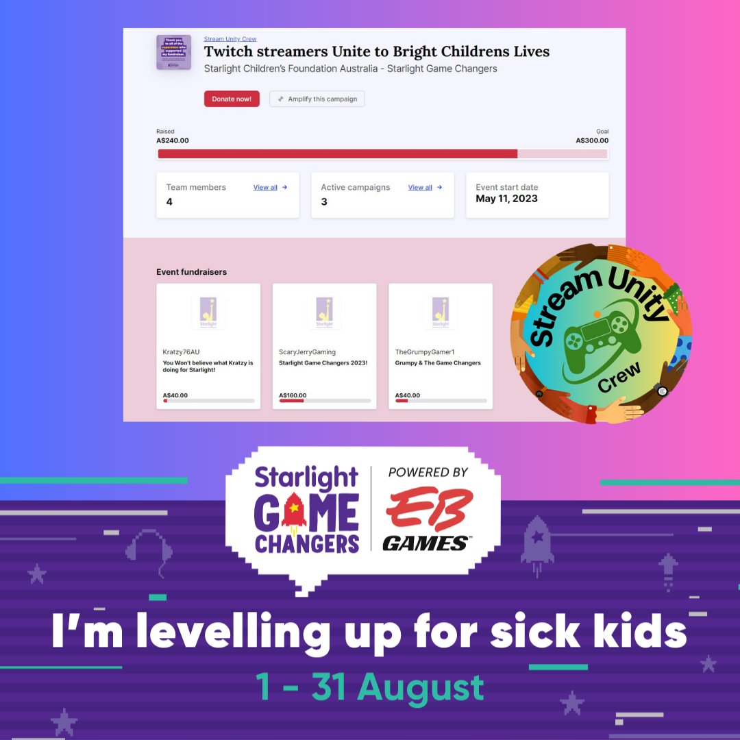 kratzy76au's tweet photo. Thanks to @TheGrumpyGamer1 and @ScaryJGaming the #streamunitycrew is of and running .... Go check out Stream Unity Crew's fundraiser for Starlight Game Changers on @Tiltify | https://t.co/DqbuduSq3q #4TheKids #GameChangers #donatetoday #forthekids #charityforAugust #charitystreamers