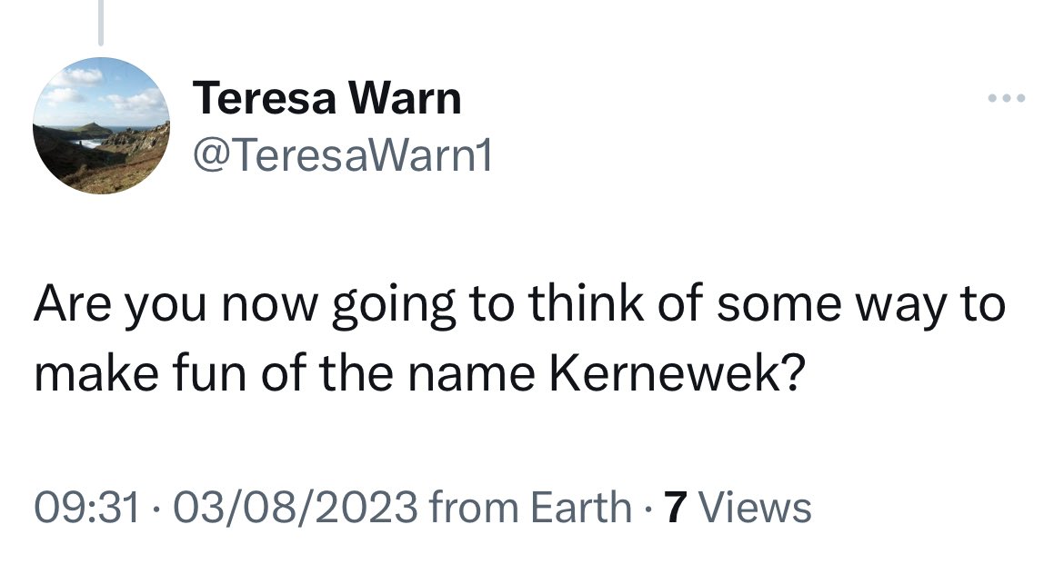DavidMuttering's tweet image. ME: I’ve done a silly pun about Cornwall and a song by Musical Youth, but at least no-one could find it offensive

TWITTER: Challenge Accepted