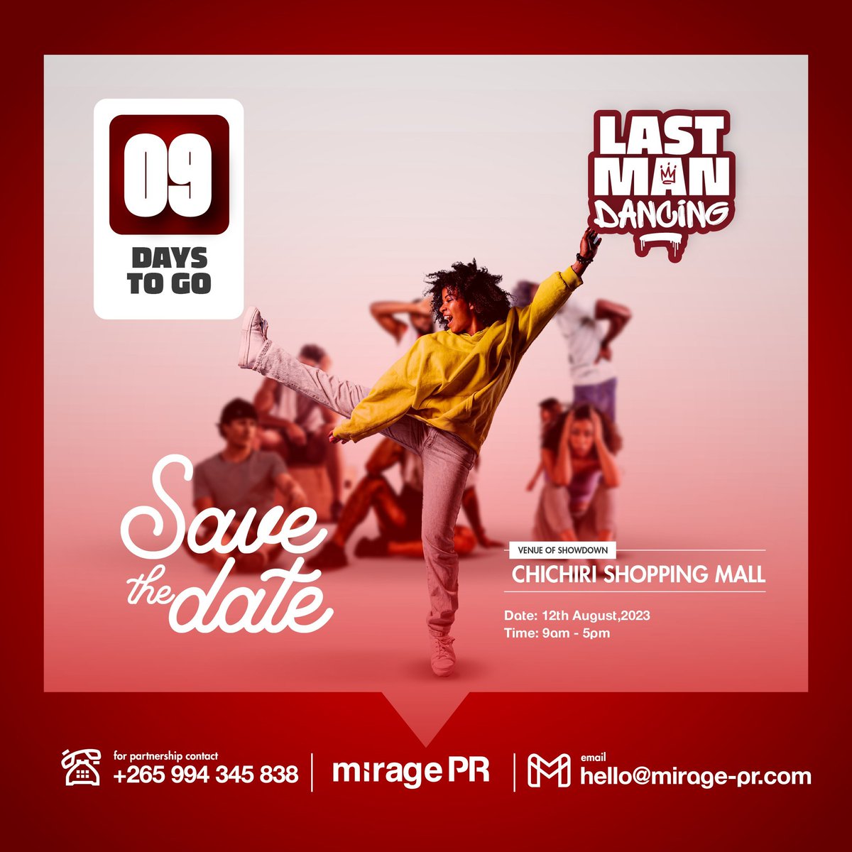 JulioMulenga's tweet photo. Last man standing dancing competition!!! 
Chichiri shopping mall from 9am-5pm

9days to go
 #LastManDancing #ChallengeYourself

Retweet https://t.co/Yos8VxhlW6