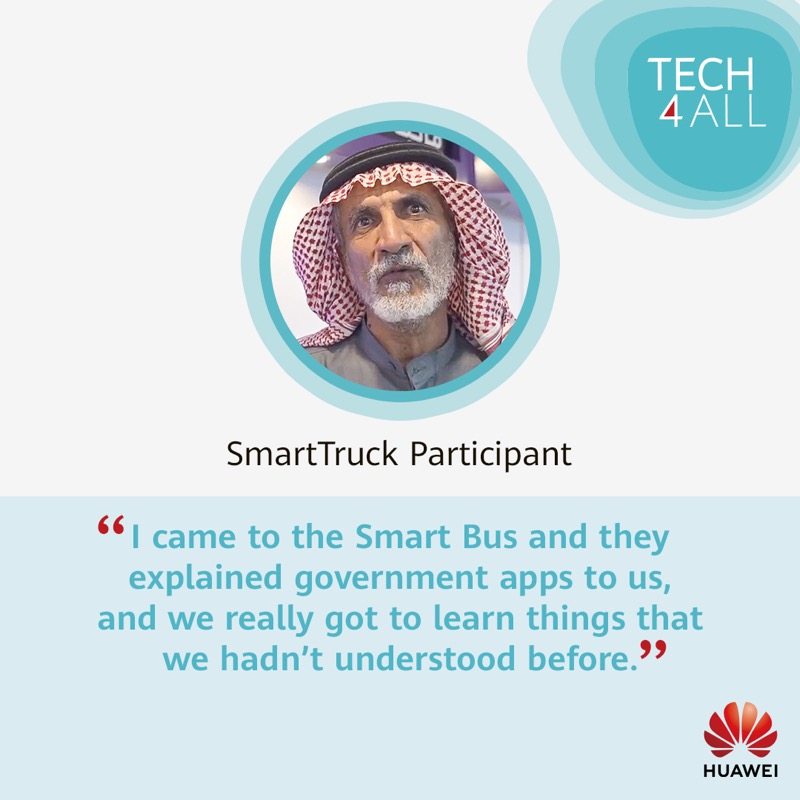 HUAWEI_TECH4ALL's tweet photo. Digital #Inclusion means tech access for all ages! From using apps to browsing the net, #SmartTruck is empowering older people in Saudi Arabia to stay connected with the modern world. Retweet to show your support &amp; learn more: https://t.co/HsADFWk6bG #DigiSkills #TECH4ALL