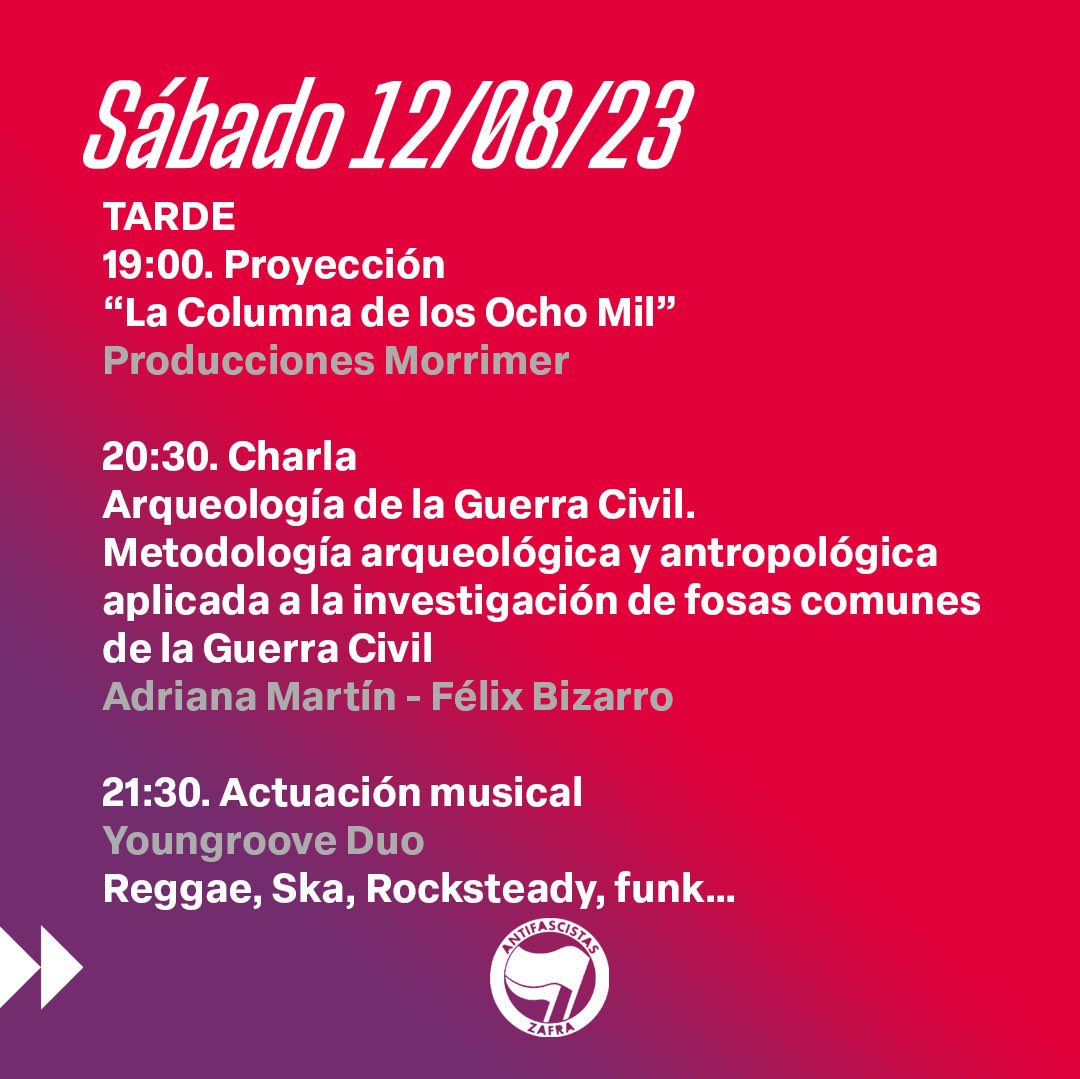 🟥 Programación III Jornadas de Memoria Histórica en Zafra 

🔳 Charlas, talleres, exposición, zona infantil, comida popular, exposición, concierto…