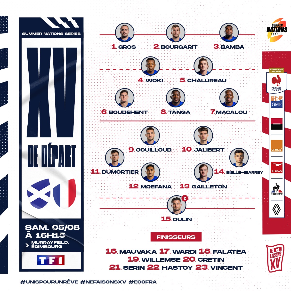 🇫🇷💥𝐄𝐋𝐋𝐄 𝐄𝐒𝐓 𝐋𝐀̀

👊 La composition du #XVdeFrance pour notre premier match de préparation face à l'Écosse à Murrayfield ! 🏴󠁧󠁢󠁳󠁣󠁴󠁿

📺 Rendez-vous samedi à 16h15 sur <a href="/TF1/">TF1</a> 

#UnisPourUnRêve #NeFaisonsXV
