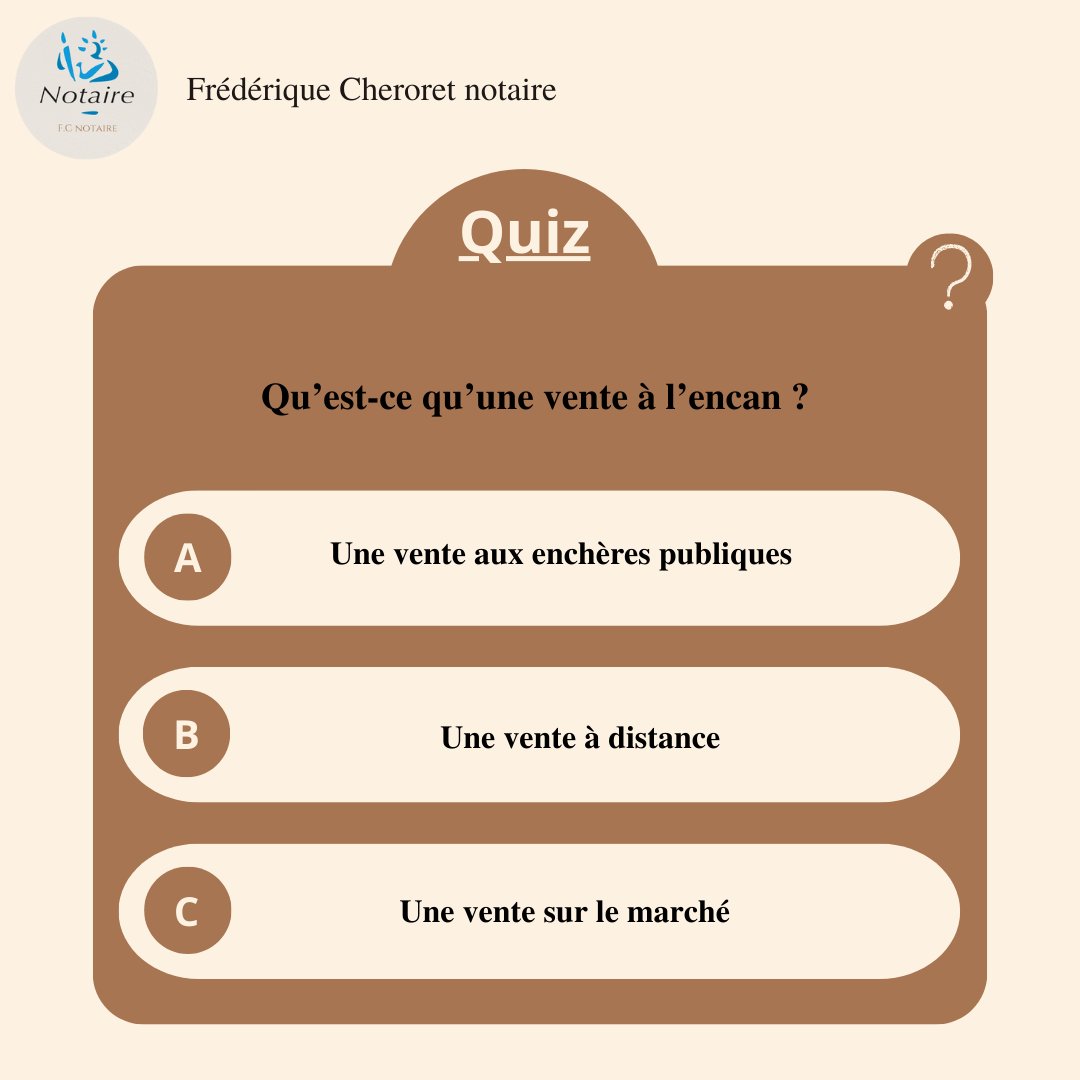 CheroretNotaire's tweet photo. Quiz du jour ❓
Qu’est-ce qu’une vente à l’encan ?
Donnez-nous votre réponse en commentaire.
Réponse demain en commentaire !
#notaire #notariat #notaire #notairedefrance #notairesdefrance #officenotarial #etudenotariale #étudenotariale #ventealencan #vente #immobilier #droit https://t.co/2Sz1lGqhXD