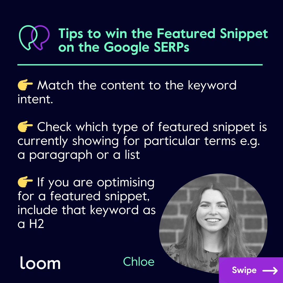 loomdigital's tweet image. Winning #featuredsnippets within Google SERPs boosts search visibility for your brand and has proven website authority. No one is better at getting featured snippets than Loom’s content specialist, Chloe. Here are her tips for winning that top spot... 🤩
#seotips