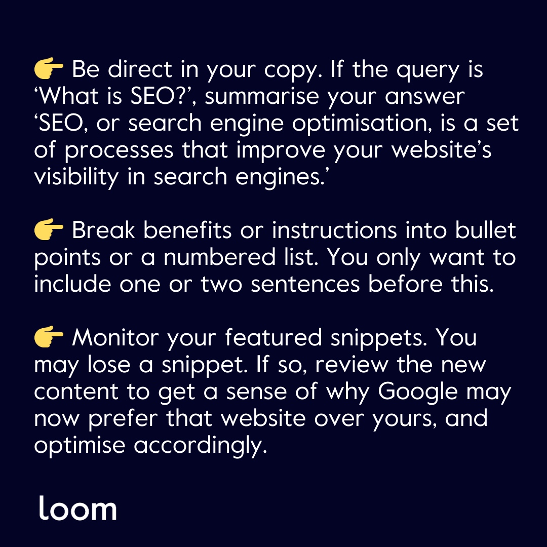 loomdigital's tweet image. Winning #featuredsnippets within Google SERPs boosts search visibility for your brand and has proven website authority. No one is better at getting featured snippets than Loom’s content specialist, Chloe. Here are her tips for winning that top spot... 🤩
#seotips