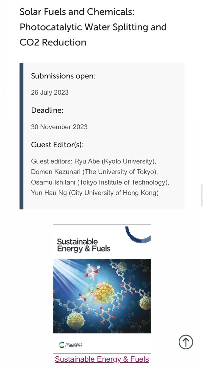 Yun Hau NG CAREnergy_Lab@CityU (@nergycare) on Twitter photo Open calls for papers:
This collection aims to showcase the recent advances in the field of #photocatalytic water splitting and #co2reduction, with a focus on solar-driven production of #cleanfuel and chemicals.
<a href="/RSC_Energy/">RSC Energy Journals</a> Open calls for papers:
This collection aims to showcase the recent advances in the field of #photocatalytic water splitting and #co2reduction, with a focus on solar-driven production of #cleanfuel and chemicals.
<a href="/RSC_Energy/">RSC Energy Journals</a>