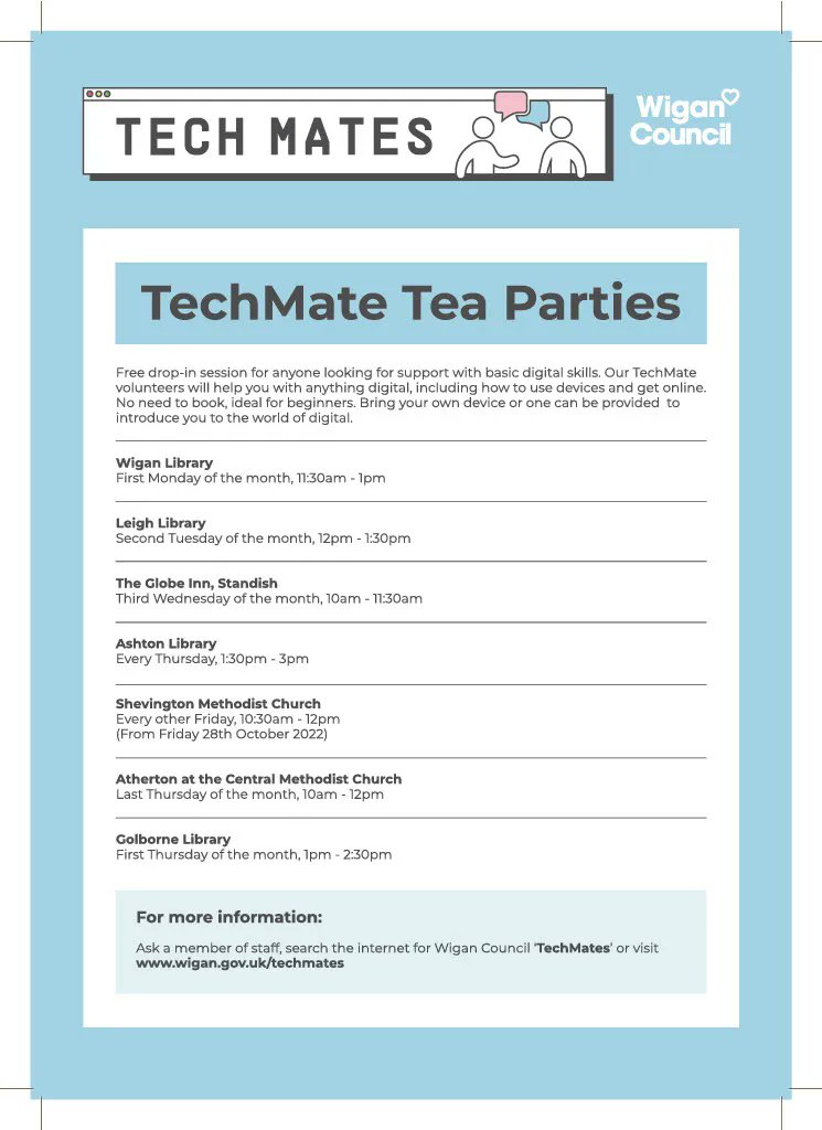 ❗⚠ IMPORTANT UPDATE ⚠❗

Tomorrow's (4th Aug) TechMate Tea Party at Shevington Methodist Church will not be going ahead.

The next session here will now be on the 18th August at 10:30am. See below for other session dates.

#DigitalWigan #TechMates #DigitalSupport