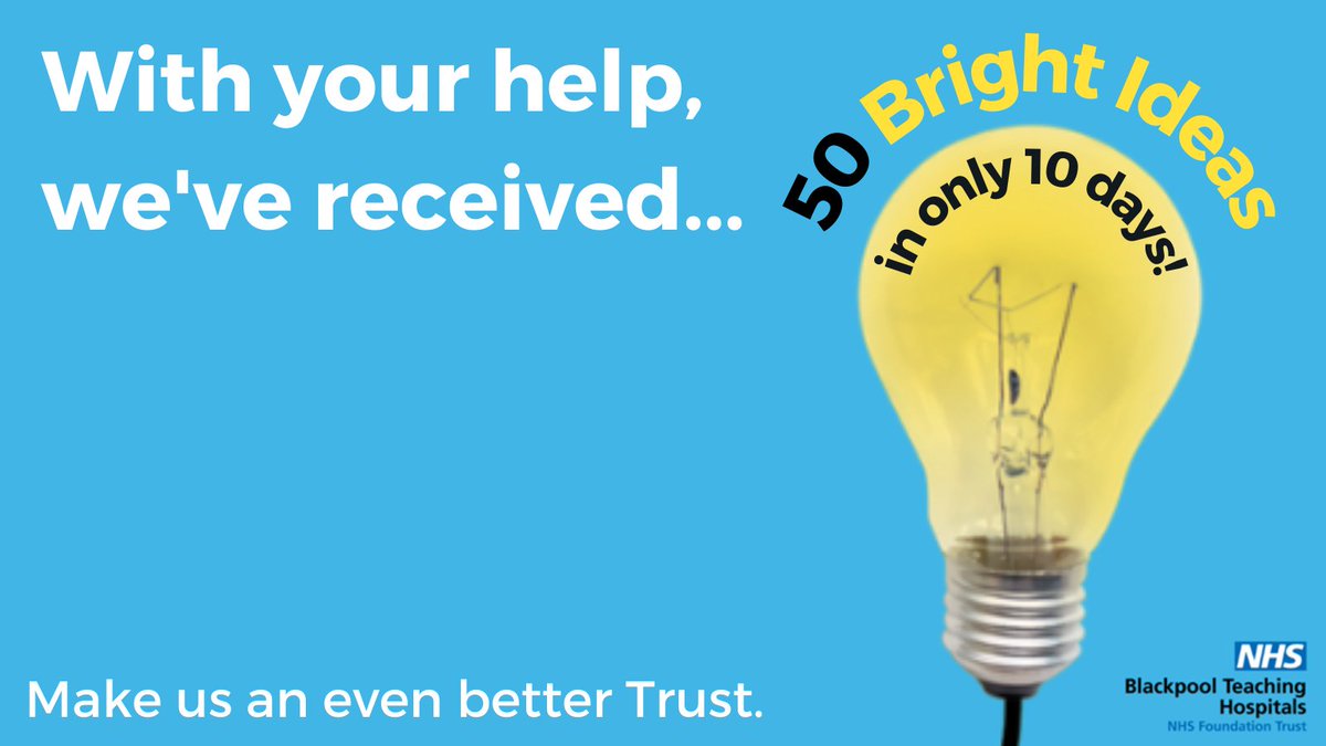 BTHTransformat1's tweet photo. Wow!π‘We have just received our 50th Bright Idea!
Have you seen the 'Lightbulb' on the Intranet Page or in your Communications? Keep a look out and keep submitting those #BTHBrightIdeas!
#BTHTransformation #TeamBTH @BlackpoolHosp https://t.co/xodLi8RQ2p