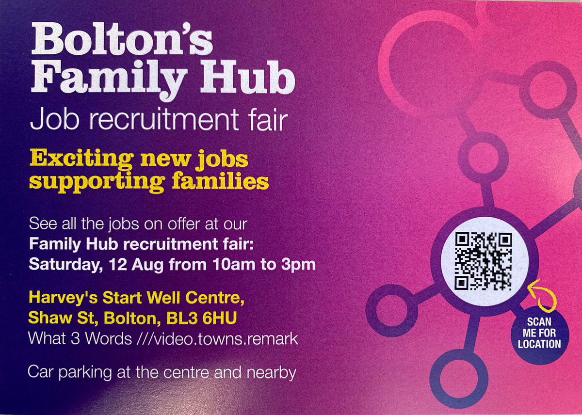 📣 Are you looking for work, or a change in direction? Come and see us at Bolton's Family Hub Recruitment Fair! 📅 Sat 12 Aug, 10am-3pm, Harvey's Start Well Family Hub, BL3 6HU Bring your CV 👉 bitly.ws/PKYD #BoltonTogether #BoltonJobs #WorkInBolton #BoltonJobsFair