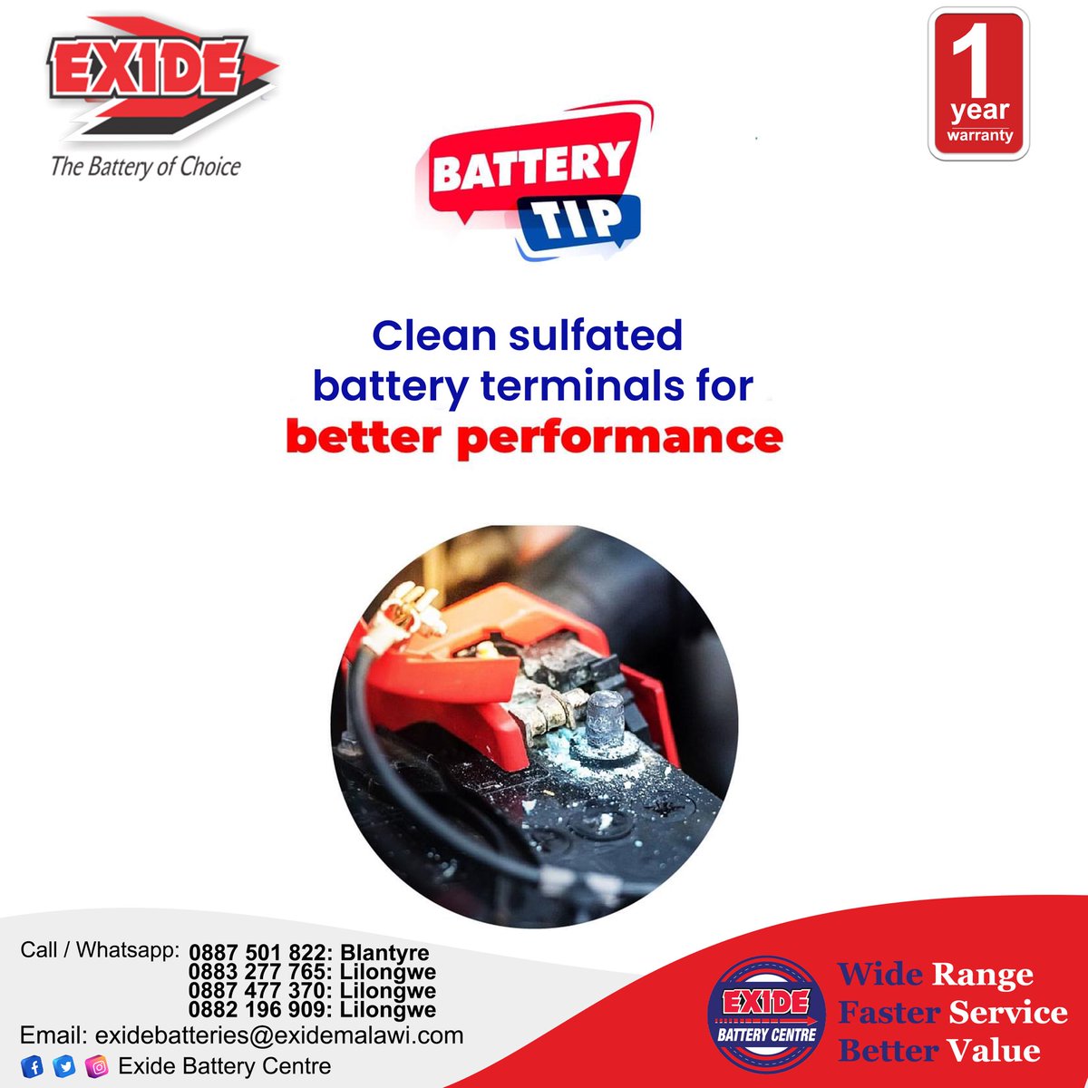 Pour hot water over the corroded terminals and apply petroleum jelly to prevent further corrosion.

#cartip #widerange #fasterservice #bettervalue #ExideBatteryCentre