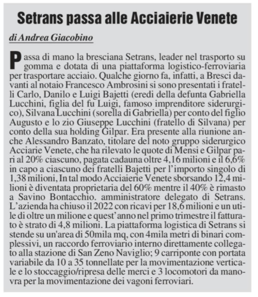 andreagiacobin1's tweet image. #Banzato compra #Setrans dai #Lucchini. Su MF 03/08/23.@GdB_it @corrierebrescia @BresciaOggiIT
#acciaierievenete @Siderweb @VeneziePost @mattinodipadova