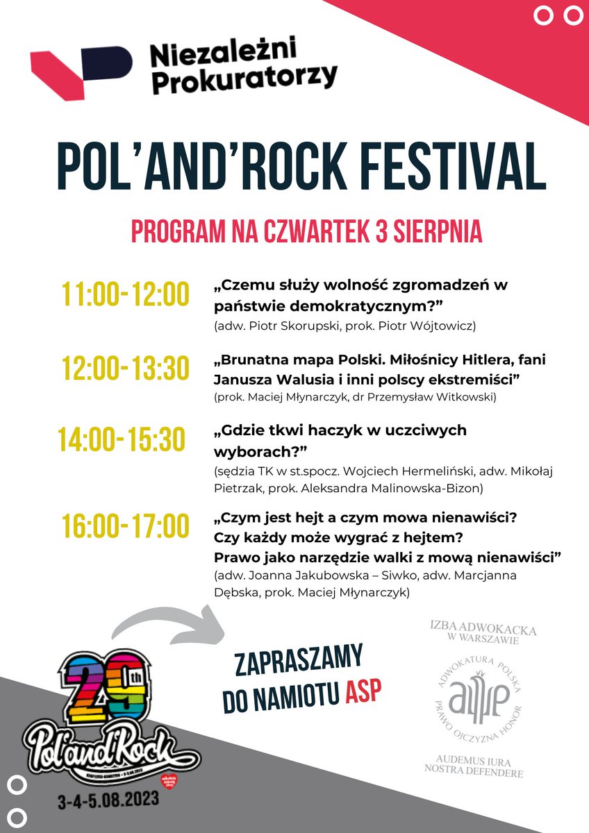 Rozpoczynamy drugi dzień warsztatów na #PolandRock2023.

Będziemy rozmawiać o wolności zgromadzeń, hejcie i o "brunatnej mapie" Polski.

Zapraszamy do namiotu ASP.