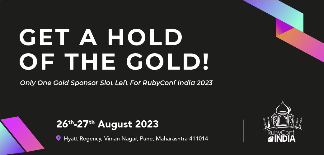 rubyconfindia's tweet photo. Last chance to be a shining Gold Sponsor at #RubyConf India 2023! Don't miss out on this exclusive opportunity to showcase your brand to a thriving Ruby community. Hurry, the slot won't wait.

For more details, click here: https://t.co/8Vp26g8VqP

#sponsor #rubyconfIndia #rci https://t.co/Y6TzwFqbsT
