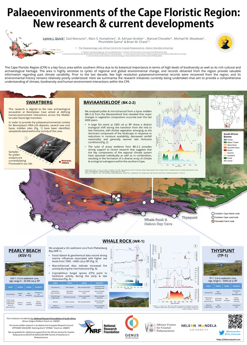 fynbospollen's tweet photo. Here's the poster that I presented at  #inquaroma2023 summarising the work being done by @The_Palaeolab. Thanks to all our collaborators &amp; our funders @NRF_News @GenusPalaeo @ACCPSouthAfrica @MandelaUni #research https://t.co/APHSwuhrlG