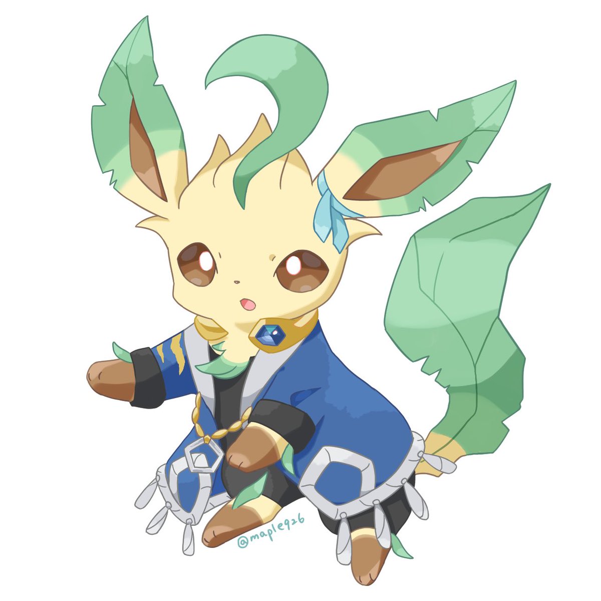 leafeon no humans pokemon (creature) solo brown eyes open mouth clothed pokemon white background  illustration images