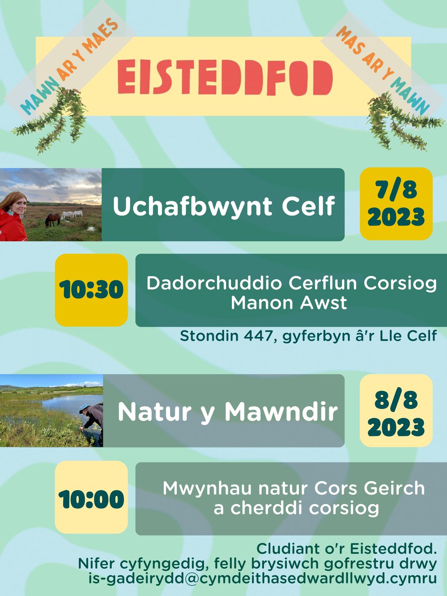 #Steddfod23
Mon 7/8, 10:30am
Join the big reveal!
Manon Awst’s Sticky Sculpture
<a href="/NatResWales/">Cyfoeth Naturiol Cymru | Natural Resources Wales</a> stand 447

Tue 8/8, 10am
Keen on peatland nature?
Join <a href="/CymdEdwardLlwyd/">Cymdeithas Edward Llwyd</a> on Cors Geirch.
Limited numbers, so early registration essential through 
is-gadeirydd@cymdeithasedwardllwyd.cymru.