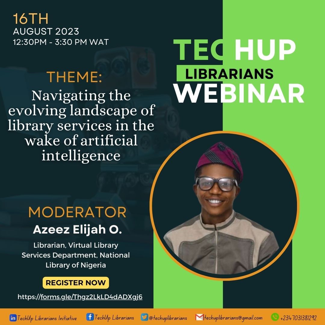 Techuplibrarian's tweet image. From Sci-Fi to Reality: AI in Libraries! 📚 Join Techup Librarians as we explore the impact of Artificial Intelligence on library services and how to adapt to the digital era. Secure your spot today! 💡
#AIinLibraries #TechRevolution #WebinarSeries