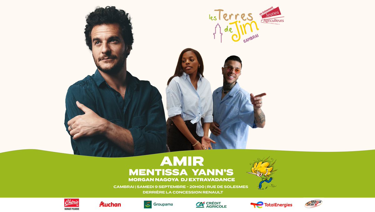 🌾🎤🌾 « Terres de JIM », c'est aussi deux soirées-concerts <a href="/radiocheriefm/">Chérie FM</a>. Au programme : le 08/09 - Sound of Legend, Ridsa, Collectif Métissé et Morgan Nagoya, le 09/09 : Amir, Yanns, Mentissa et Morgan Nagoya.

Infos et billetterie.
👉 ca.fr/ndf/billetteri…