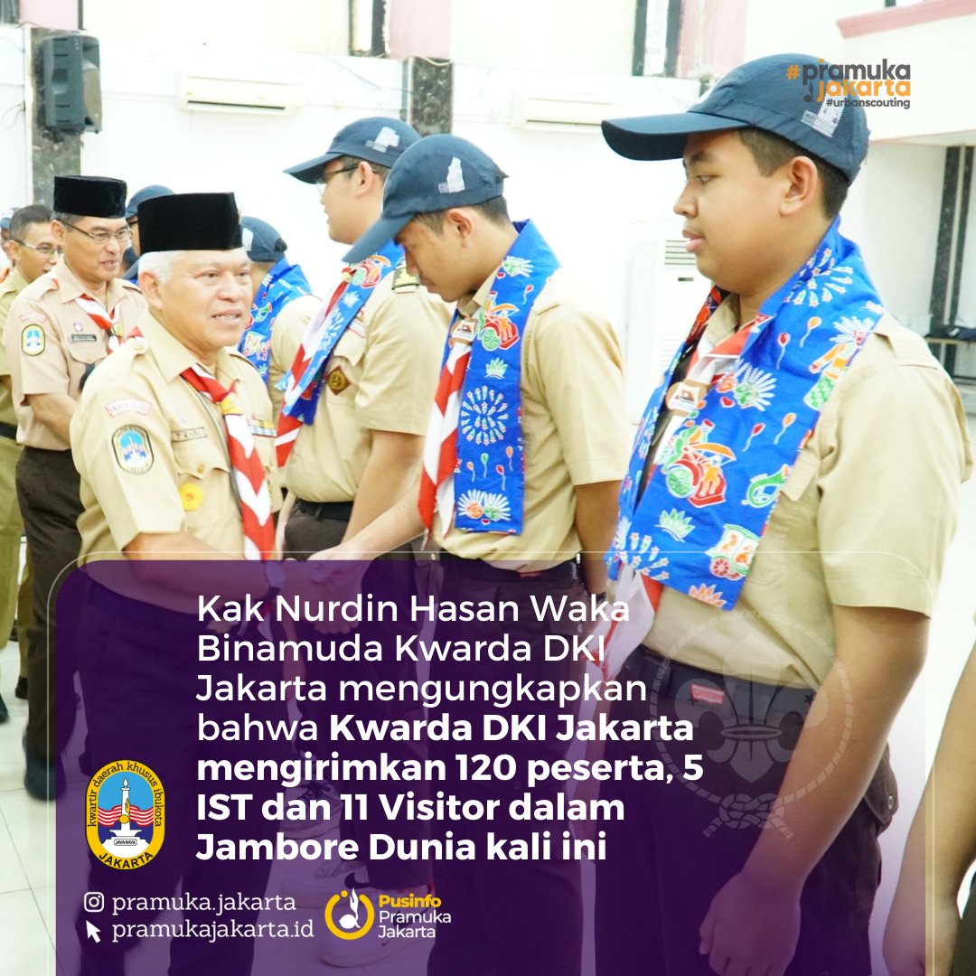 Kepala Dinas Pemuda dan Olahraga Provinsi DKI Jakarta, Kak Andri Yansyah melepas Kontingen Jambore Dunia Kwarda DKI Jakarta untuk mengikuti Jambore Pramuka dunia (World Scout Jamboree) ke-25 yang dilaksanakan di Sae Man-Geum, Korea Selatan

#jamboredunia #2023