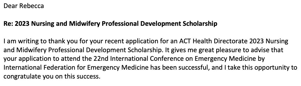 So thankful to @ACTHealth for encouraging, recognising and valuing the contribution of nursing research. Thrilled to open this scholarship offer today for my presentation at #ICEM2023. This is for every  #emergencynurse who has ever had the 'I wonder what happened to...' moment