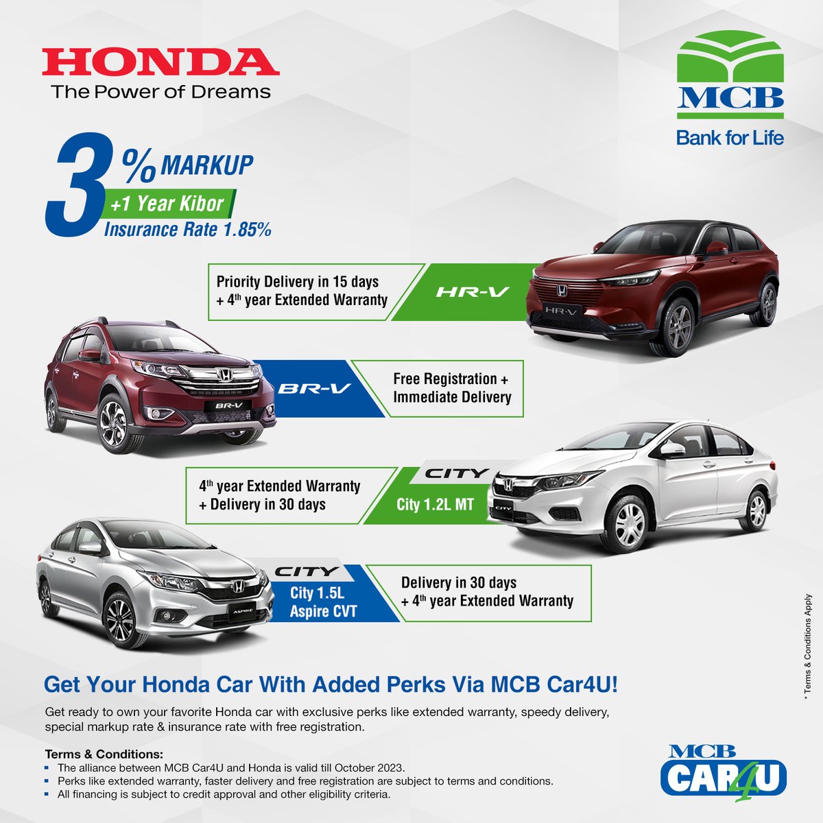 Hacpl_Official's tweet photo. Now you can avail these fabulous deals when you book a Honda through MCB. Get priority/immediate delivery, extended warranty, free registration with special insurance and mark-up rates.
Visit your nearest Honda 3S Dealership or MCB Branch.
#Honda #HondaFinancing #HondaMCB https://t.co/aiIp7jL0Pc