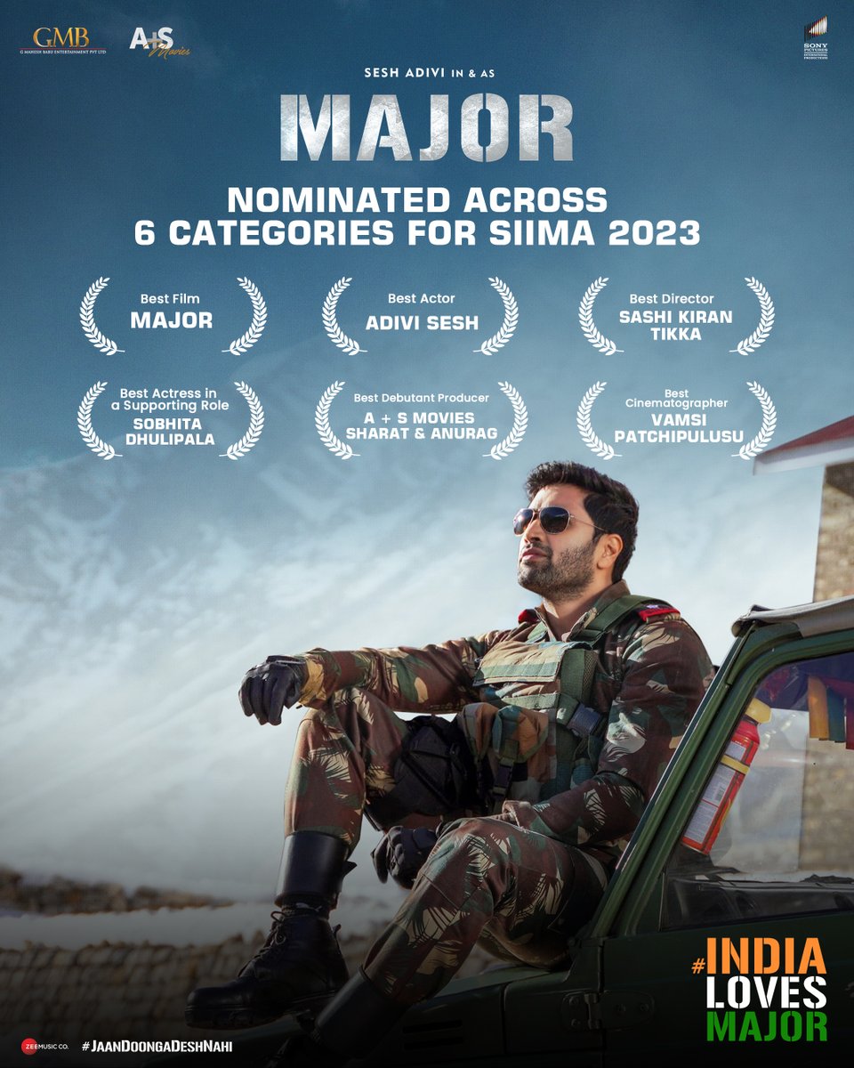 #MajorTheFilm continues to be loved all across ❤️ Nominated across 6 categories at the @siima 2023 ❤️‍🔥 Vote now! - siima.in/Voting/ #IndiaLovesMajor #SIIMA2023 @AdiviSesh @SashiTikka @saieemmanjrekar @urstrulyMahesh @AplusSMovies @sonypicsindia
