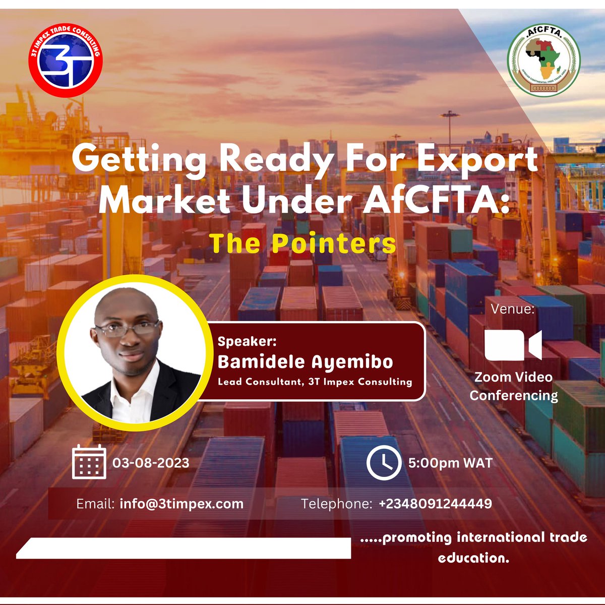 3timpextrade's tweet image. Join us today as we take you through "Getting Ready For Export Market Under AfCFTA: 𝗧𝗵𝗲 𝗣𝗼𝗶𝗻𝘁𝗲𝗿𝘀" 

"Unlocking Global Horizons, Embrace the Future with AfCFTA! 
🕜: 5:00pm
📅: 03-08-2023

Register now, if you haven't: bit.ly/AfCFTA-Getting…

#ExportExcellence #AfCFTA