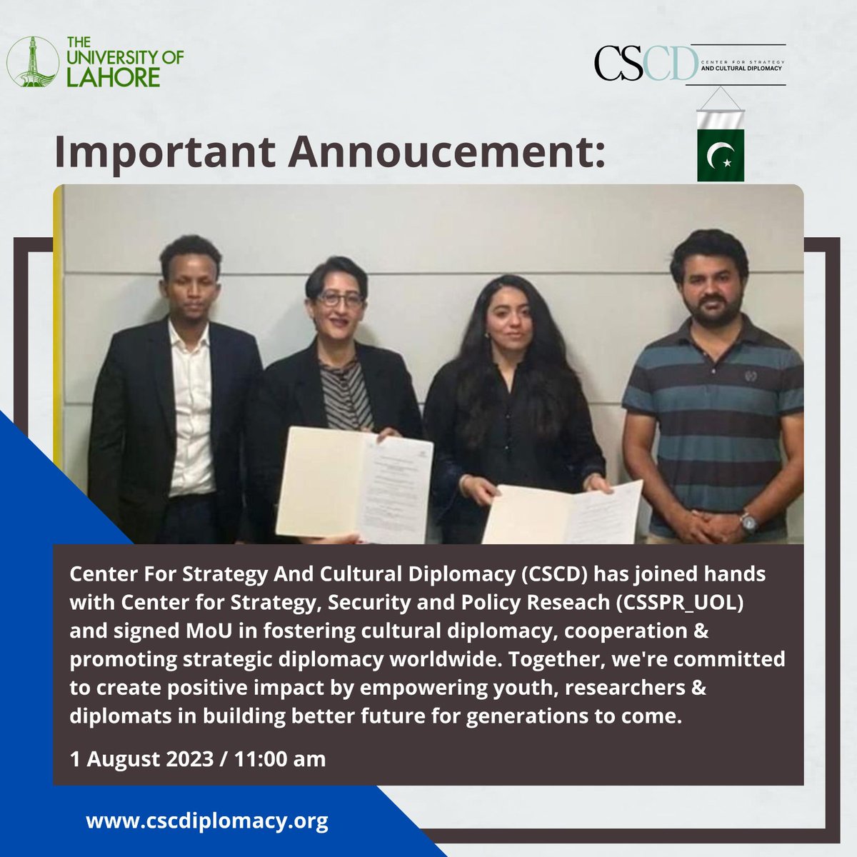 CscDiplomacy's tweet image. Delighted to announce, Center for Strategy and Cultural Diplomacy (CSCD) has singed MoU with @CSSPR_UOL, on August 1, 2023 in fostering cultural diplomacy, cooperation & promoting strategic diplomacy worldwide.
#CSCD #Diplomacy
@Rabs_AA @syedalizia1992
