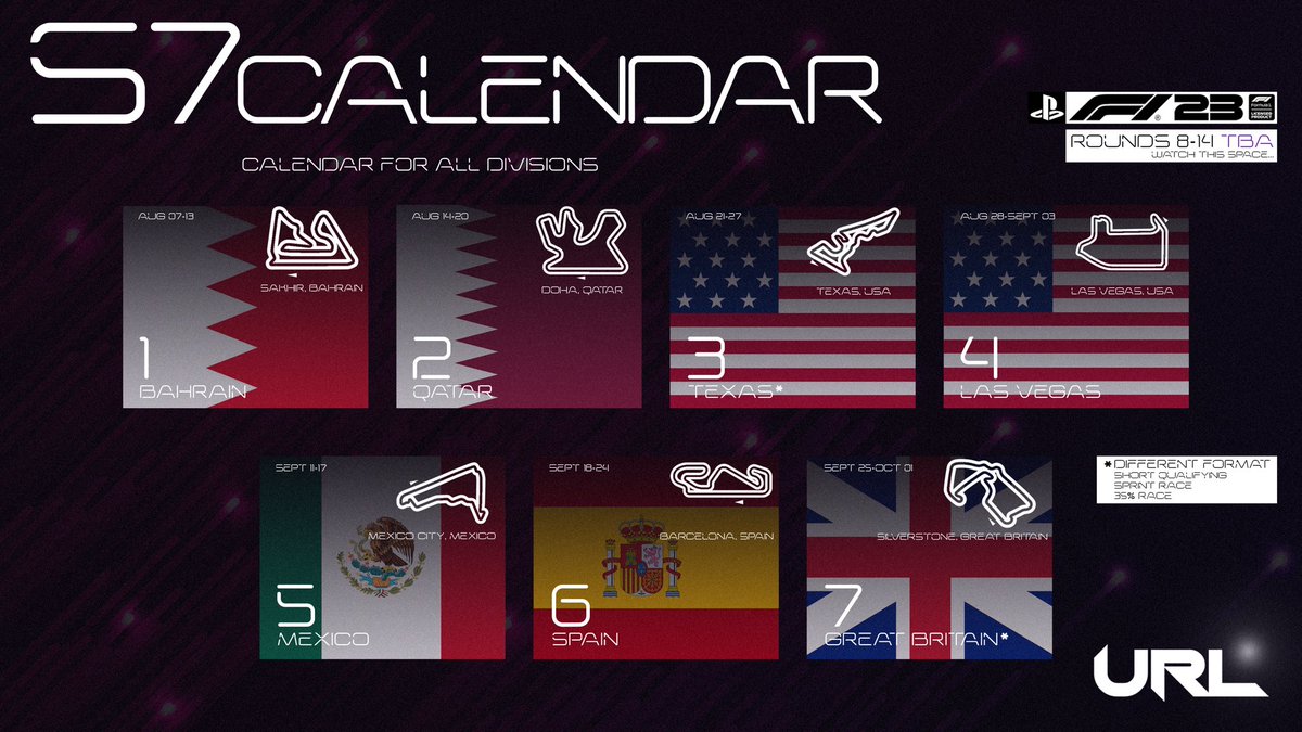 URLOfficial's tweet photo. 🚨ANNOUNCEMENT🚨

We are happy to announce the first 7 rounds of URL Season 7! 

Please remember to sign up using the forms below! Deadline 6th August! 

Driver: https://t.co/SoK4nW3rnn
Staff: https://t.co/DhcKAlAEOb https://t.co/fe4I4YAYI4