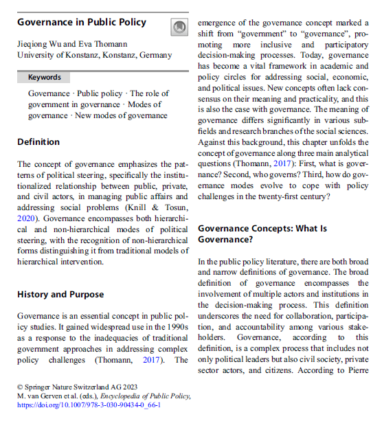 What is #Governance? How does it help us study Public Policy? Check out this new entry in the Encyclopedia of Public Policy, with the extraordinary @ArrowJieqiongWu ! (👈Whom you should follow) tinyurl.com/3c2sebzd