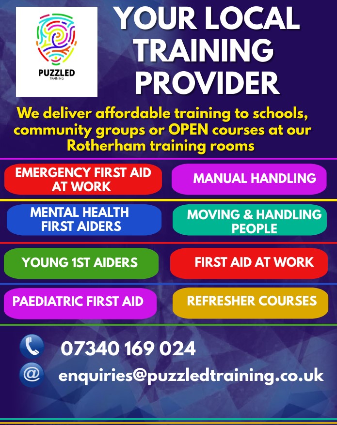 Puzz1AnneLou's tweet photo. Having trained first aiders will help keep your employees safe.  Get in touch to see how Puzzled First Aid Training can equip you with the skills you need
#puzzledfirstaidtraining #affordablefirstaid #rotherham #doncaster #sheffield #barnsley #northnotts #thesource #brchamber https://t.co/nBQjLzyvkA