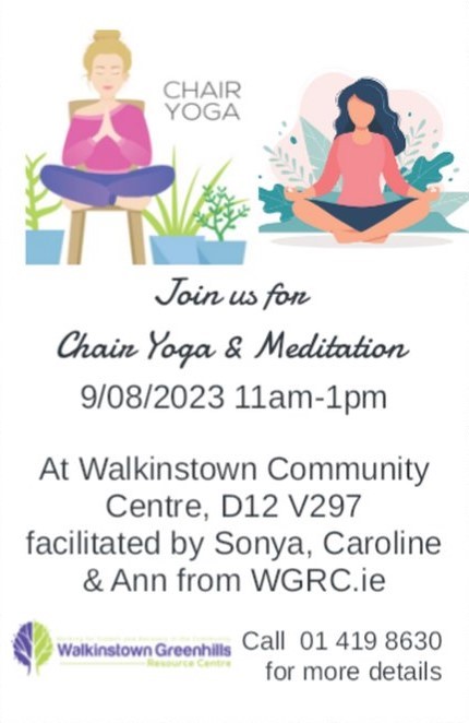 WGRC_D12's tweet photo. Please join us next Wednesday 9th August for a relaxing morning of chair yoga and meditation in the Walkinstown Community Centre from 11am-1pm. https://t.co/FsBeHJEOVg