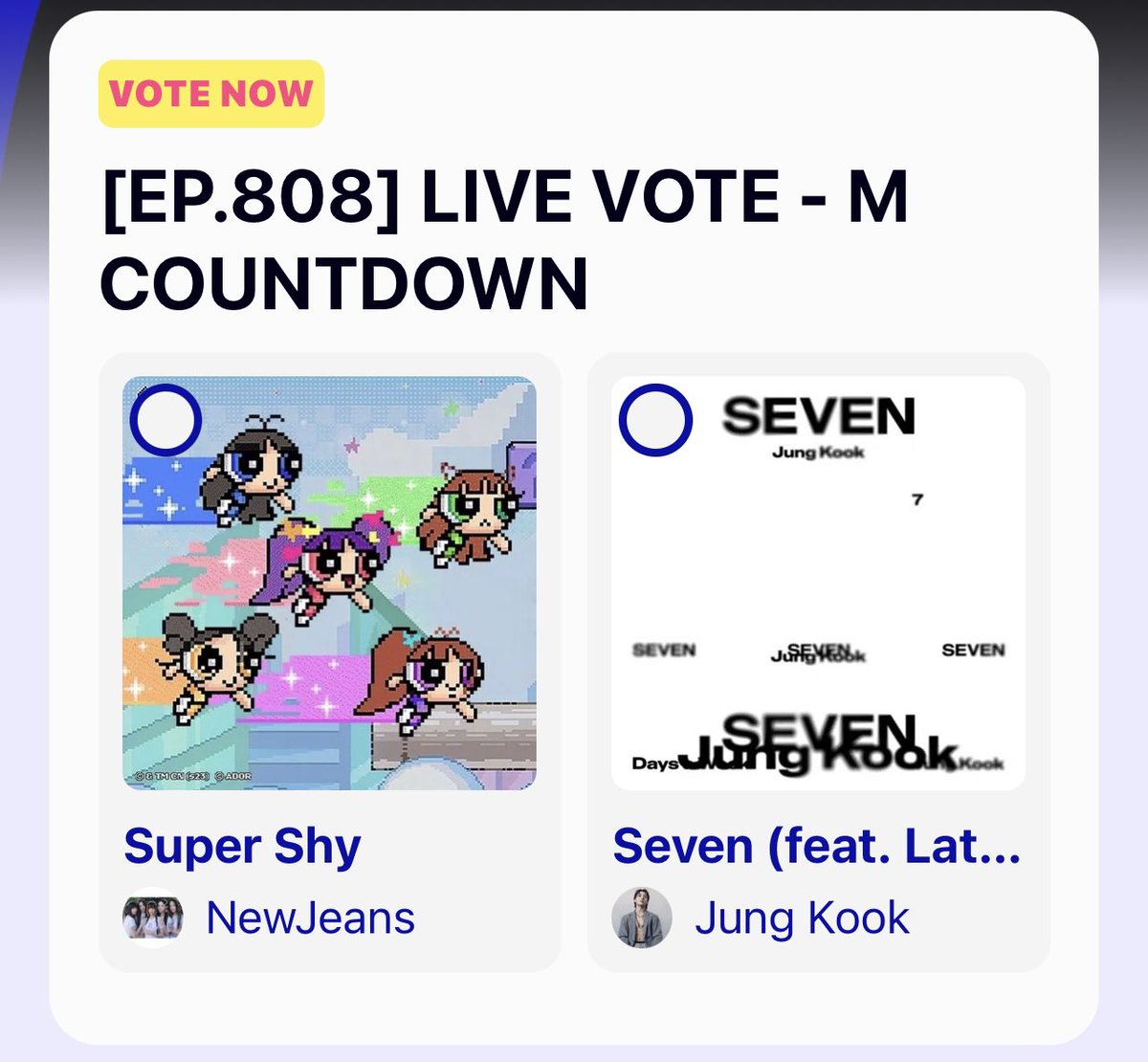 VoteWithARMY's tweet photo. mcountdown live voting begins now! Vote ‘Seven’ by #Jungkook. 

🗳: (https://t.co/p5pf6PzzQy) https://t.co/3Wm9M2Qc2L
